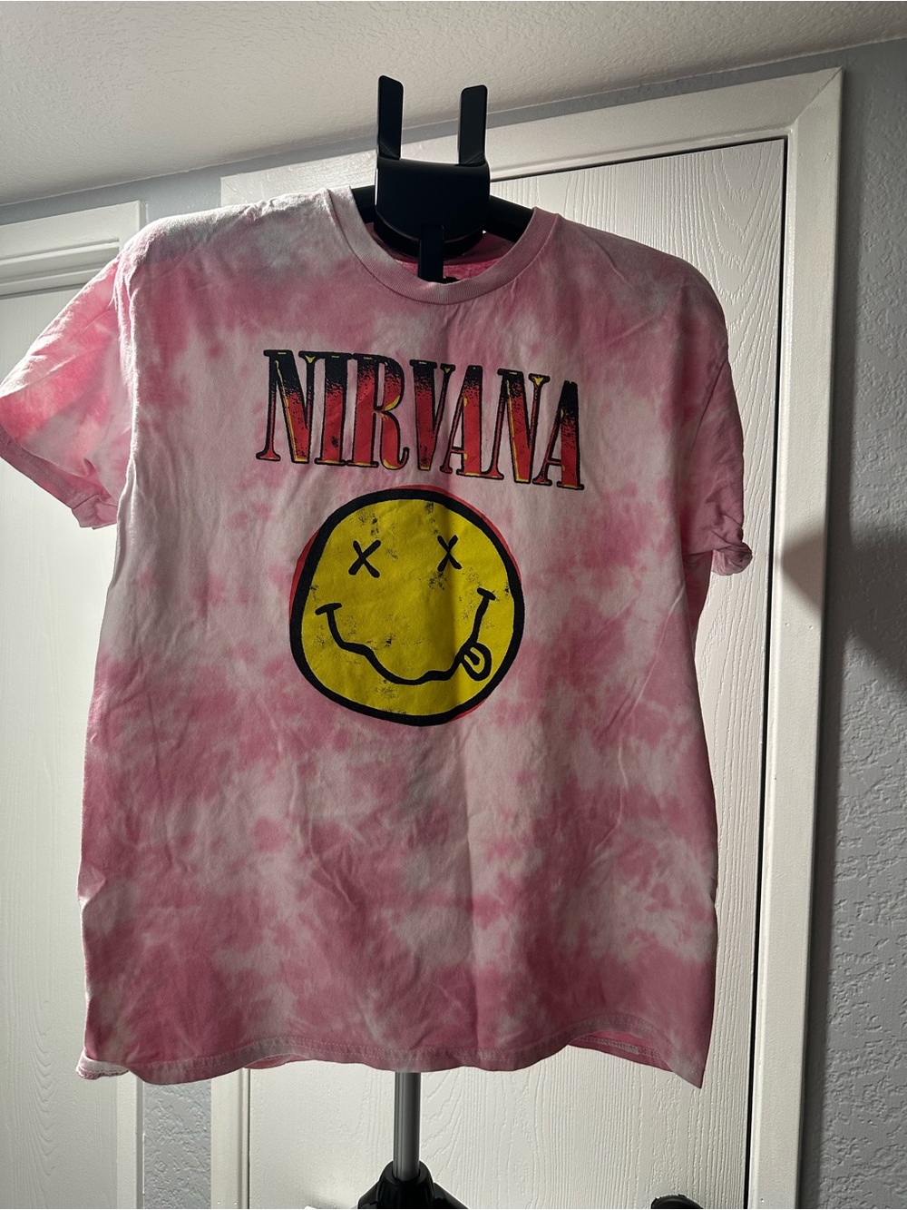 NIRVANA Pink Tie-Dye Tee with Yellow Smiley Logo